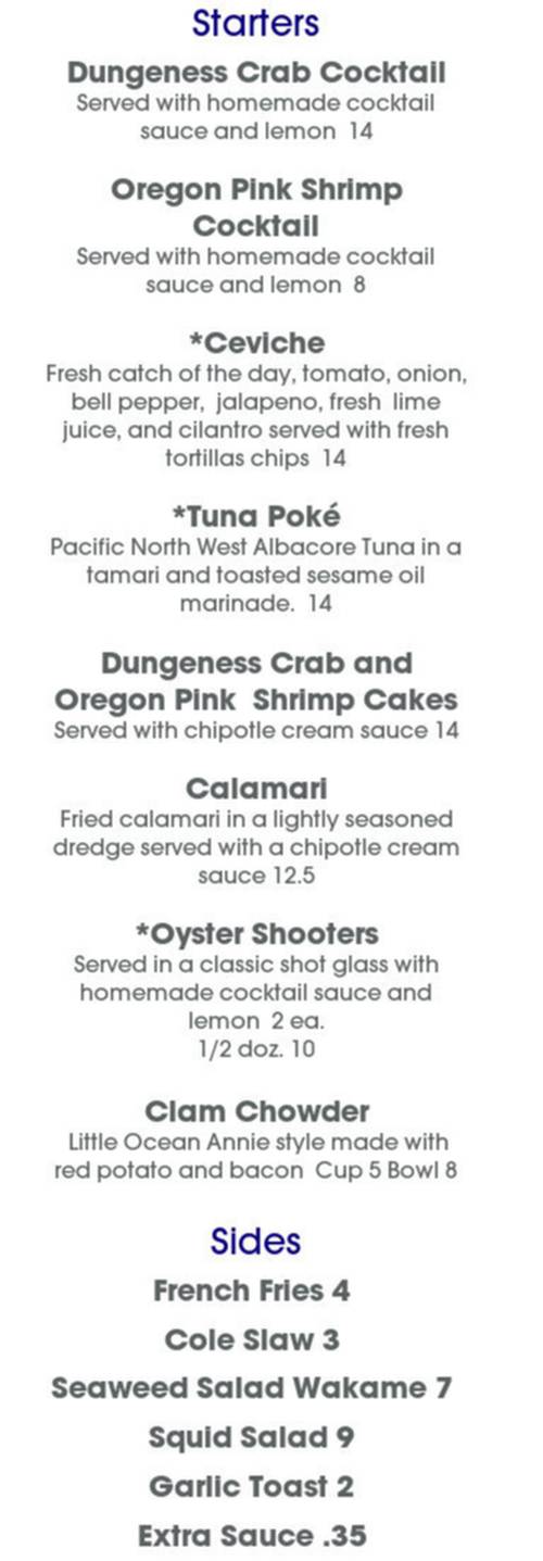 South Bay Wild Fish House menu page 1