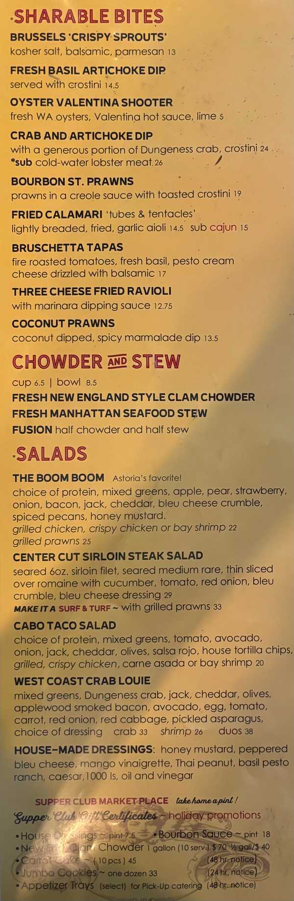 T. Paul's Supper Club menu page 1