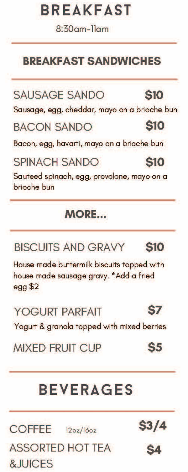 The Hideaway Cafe menu page 1