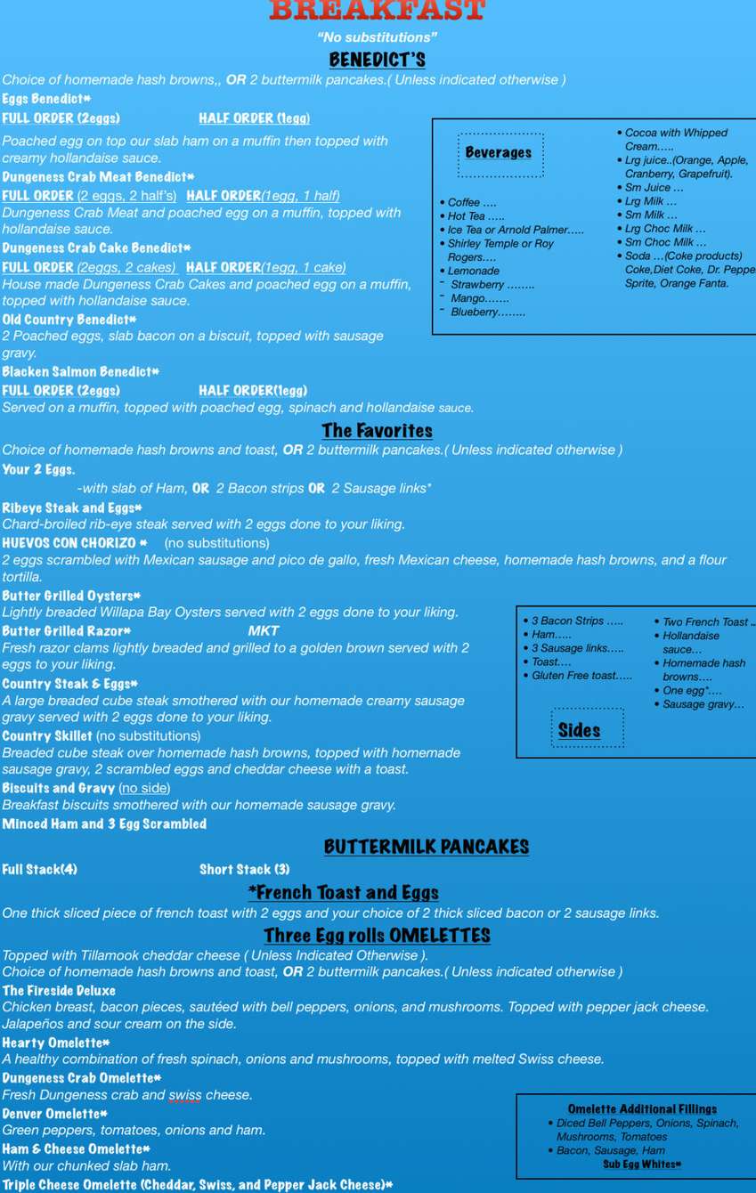 Oros Fireside Restaurant menu page 1