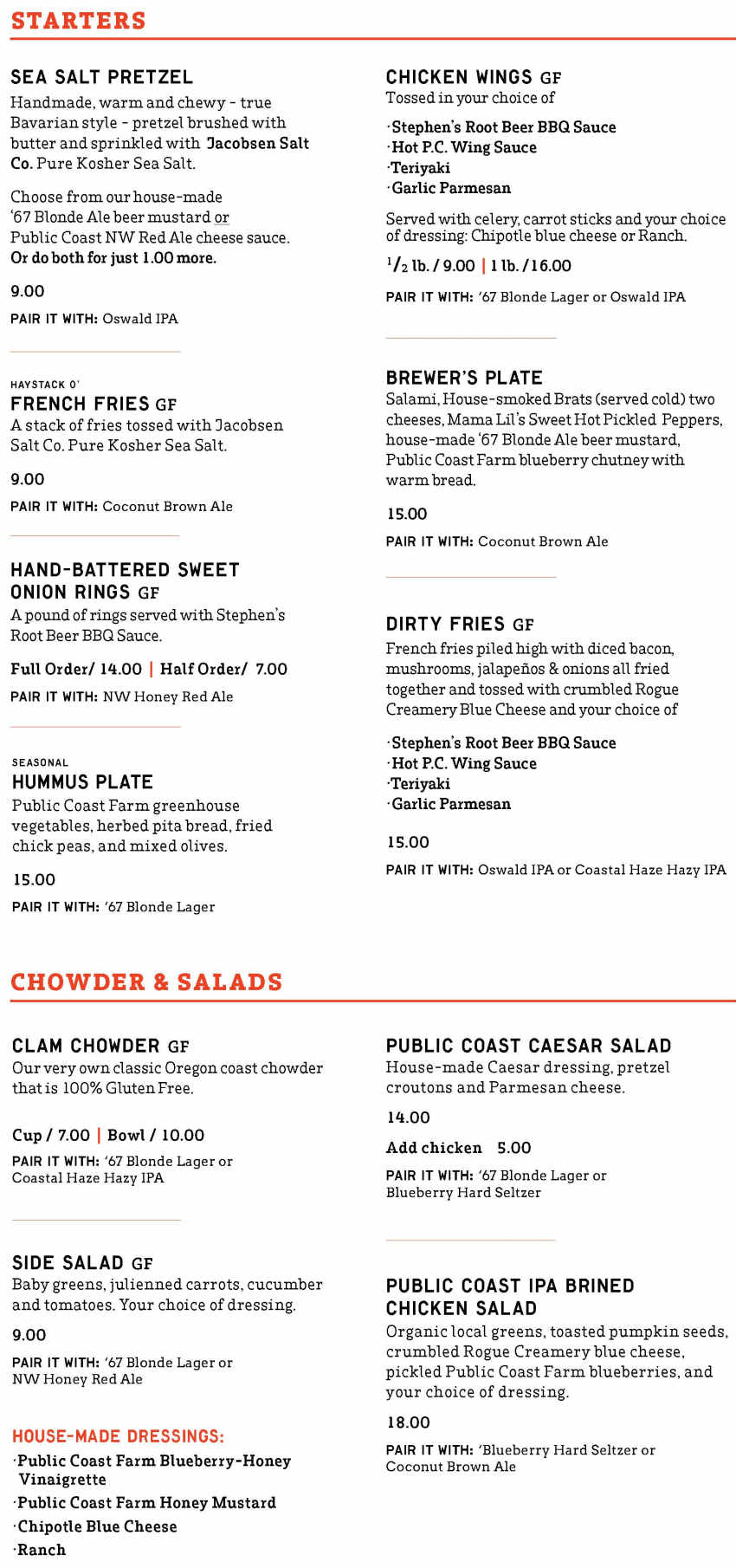 Public Coast Brewing Co menu page 1