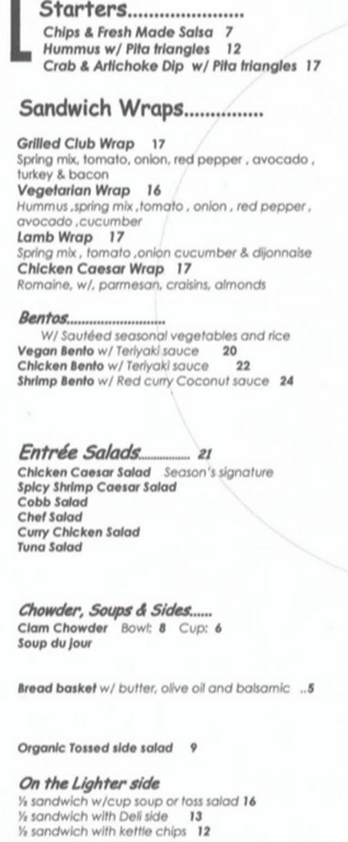 Seasons Cafe menu page 1