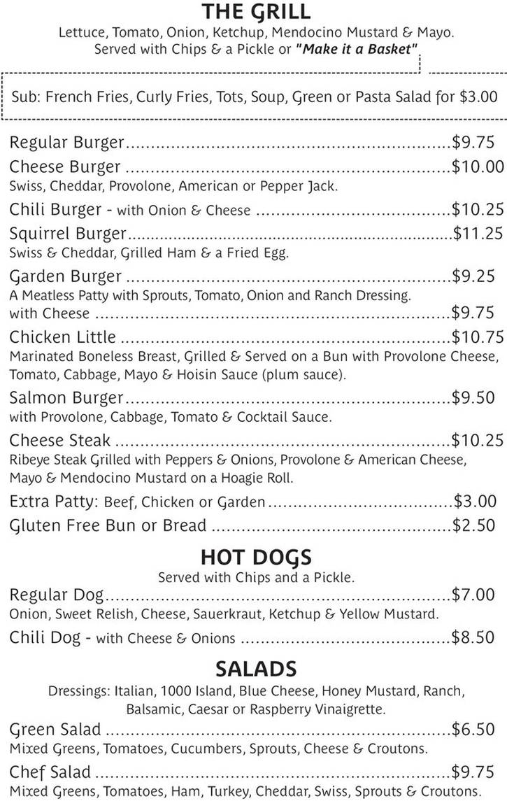 Squirrels Tavern menu page 1