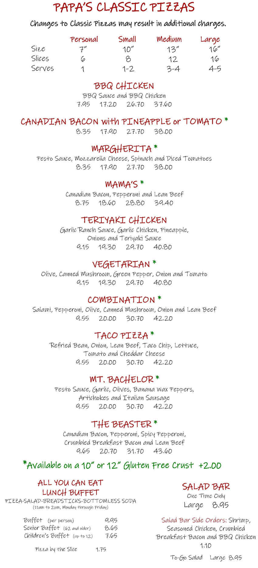 Papa's Pizza Parlor menu page 1