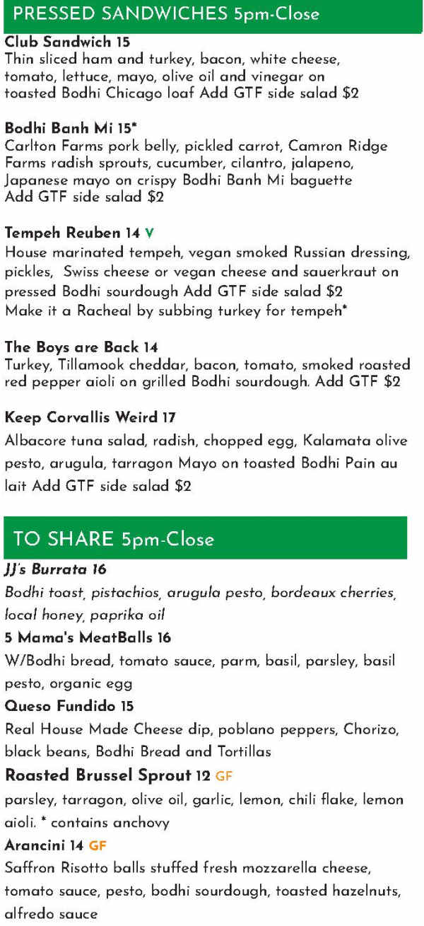 Bodhi Bistro menu page 1