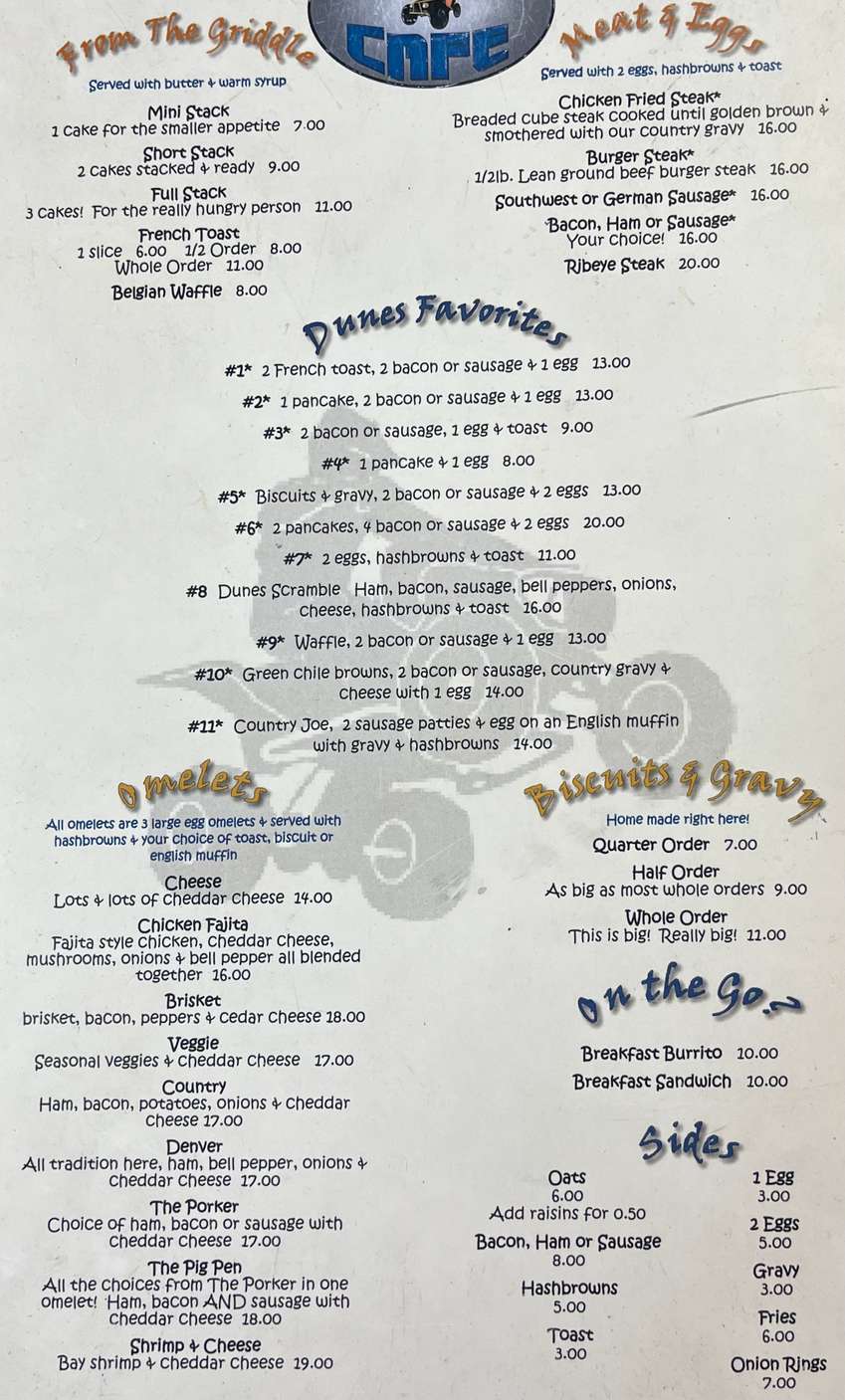 The Dunes Cafe menu page 1