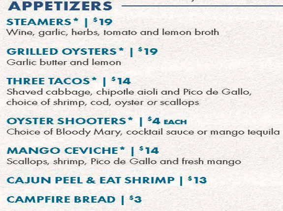 Chinook's Seafood Grill menu page 1