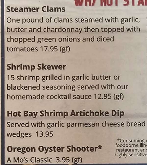 Mo's Seafood & Chowder menu page 1