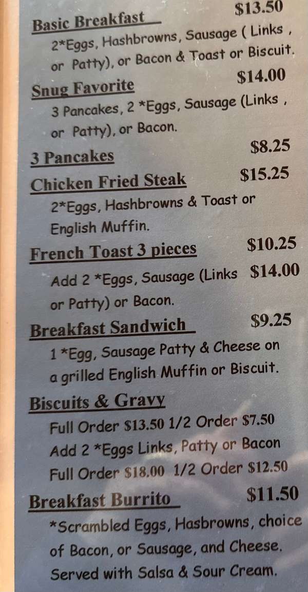 Snug Harbor Bar & Grill menu page 1