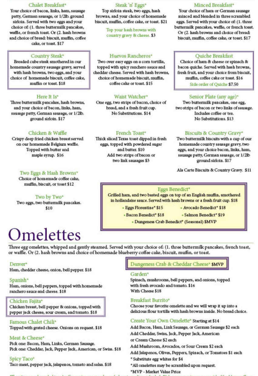 Chalet Restaurant & Bakery menu page 1