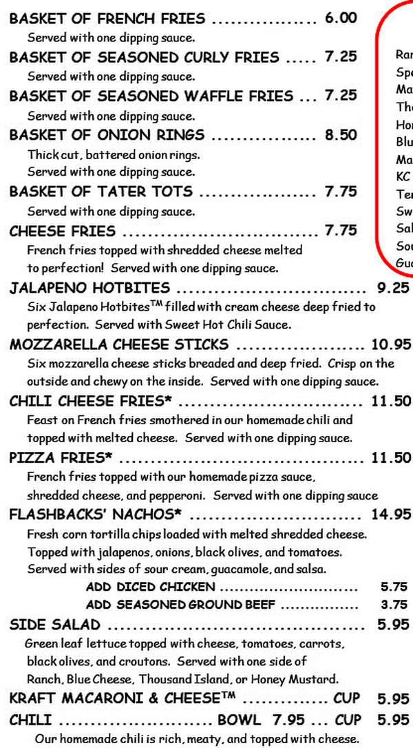 Flashbacks Fountain & Grill menu page 1