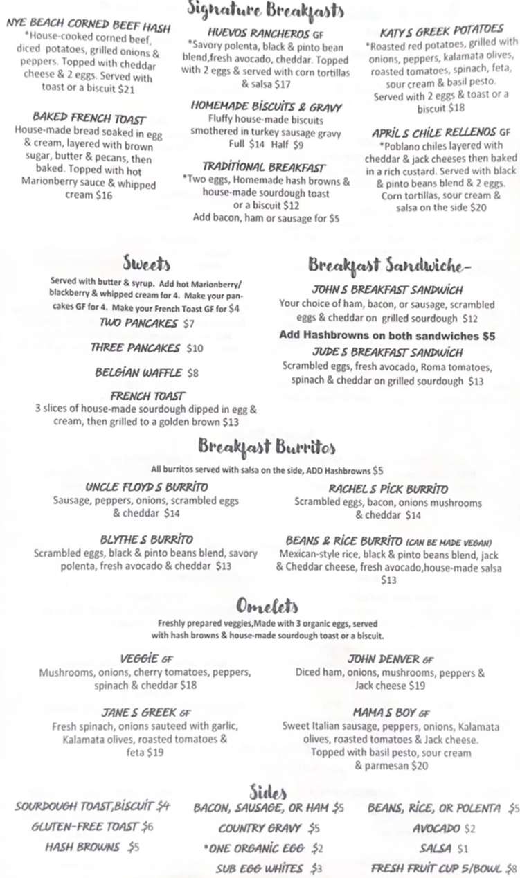 Nye Beach Cafe menu page 1
