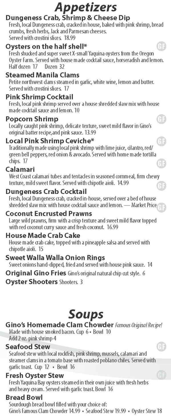 Ocean Bleu Seafoods at Gino's menu page 1