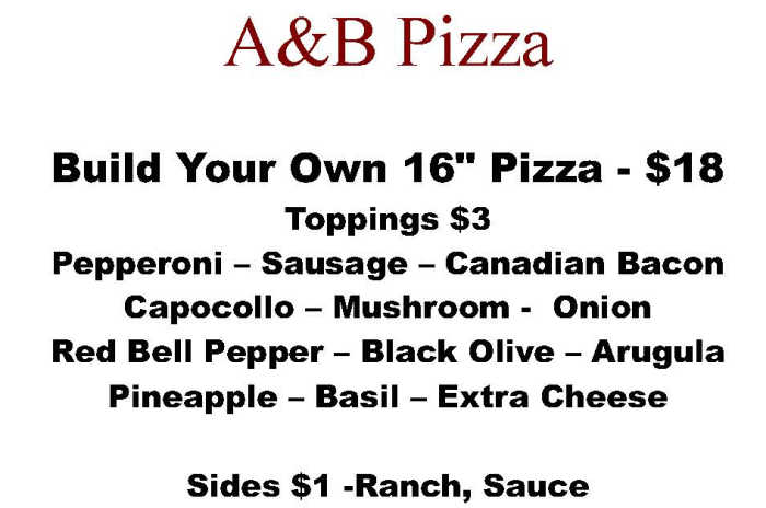 A&B Pizza menu page 1