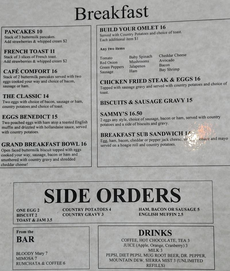 Sam's Seaside Cafe menu page 1