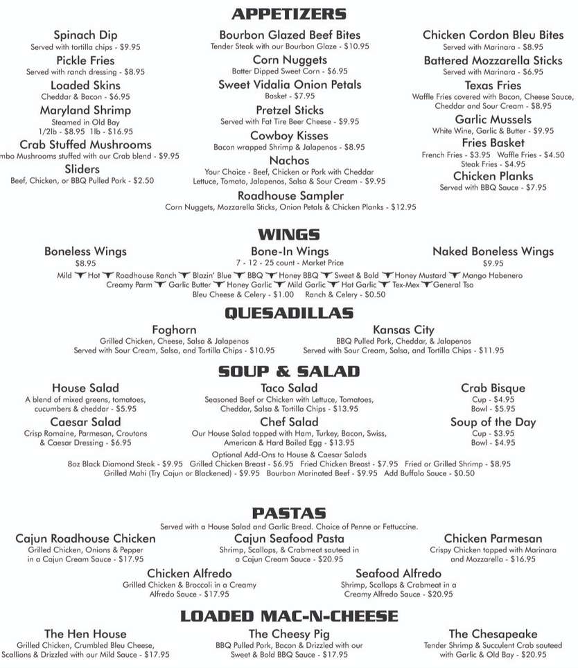 Bandit's Roadhouse menu page 1