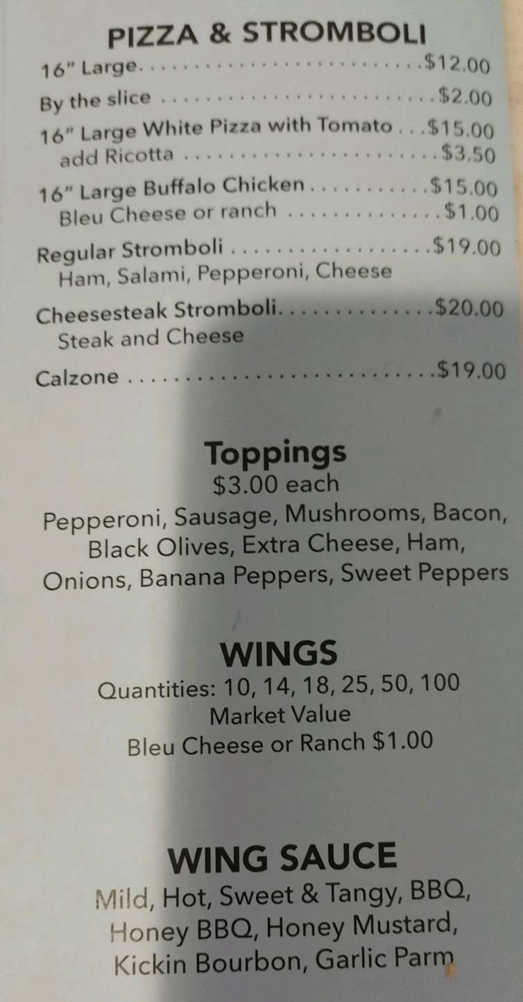 Bob's Subs & Pizza menu page 1