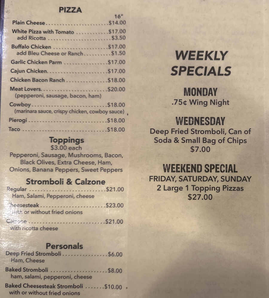 Bob's Subs & Pizza menu page 1