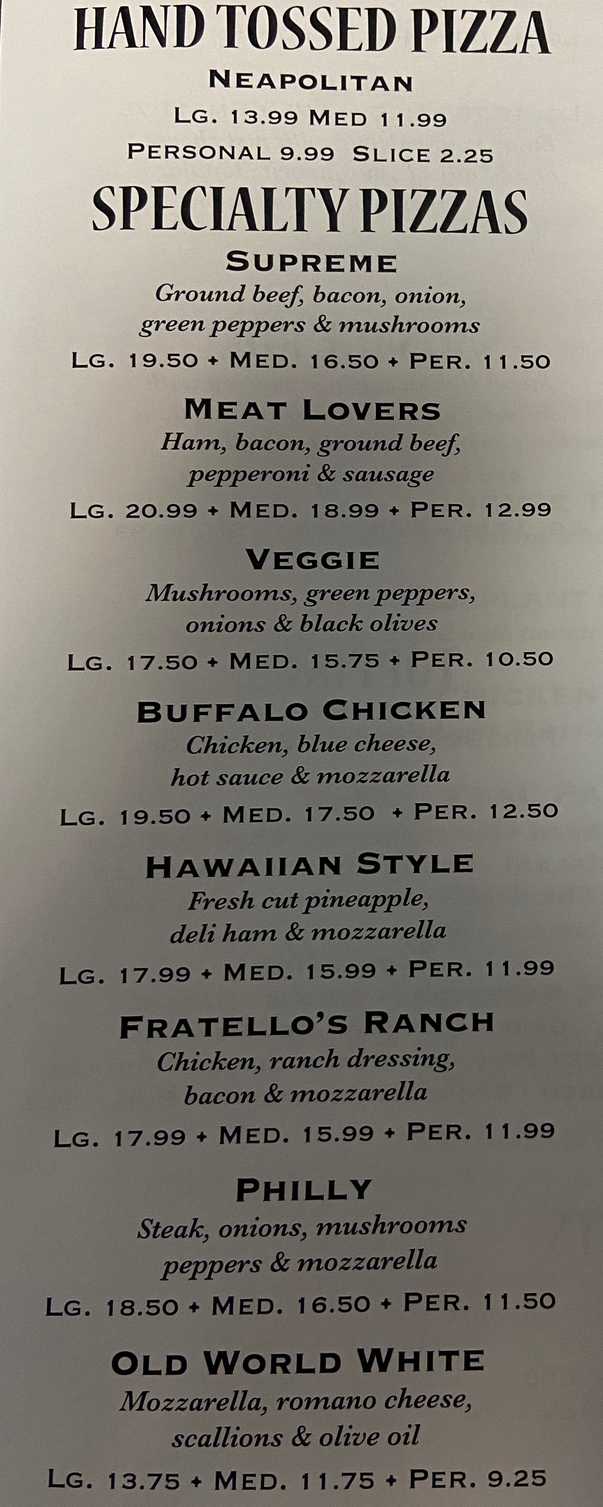 Fratello's Pizzeria menu page 1