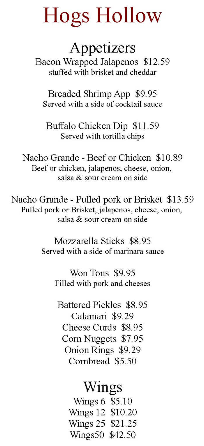 Hog's Hollow Saloon menu page 1