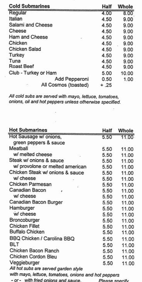 Steph's Subs menu page 1