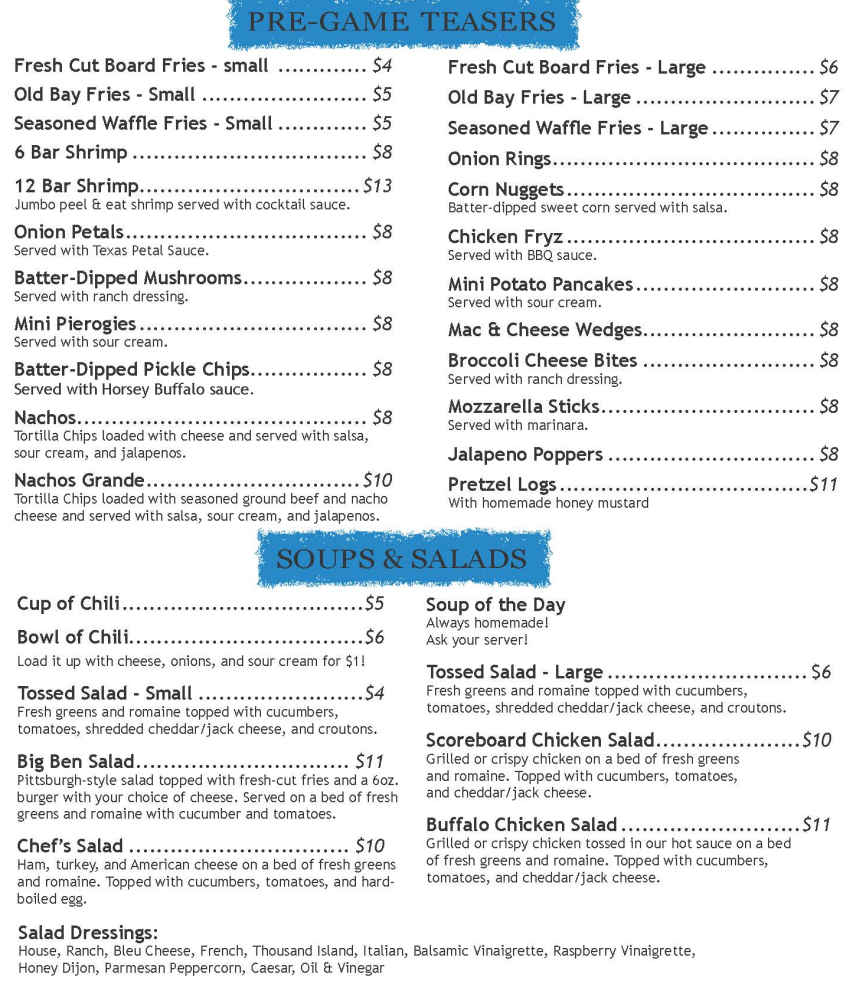Scoreboard Sports Tavern menu page 1