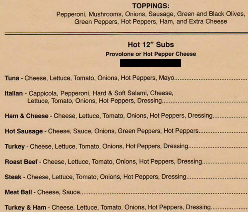 Frank's Pizza menu page 1