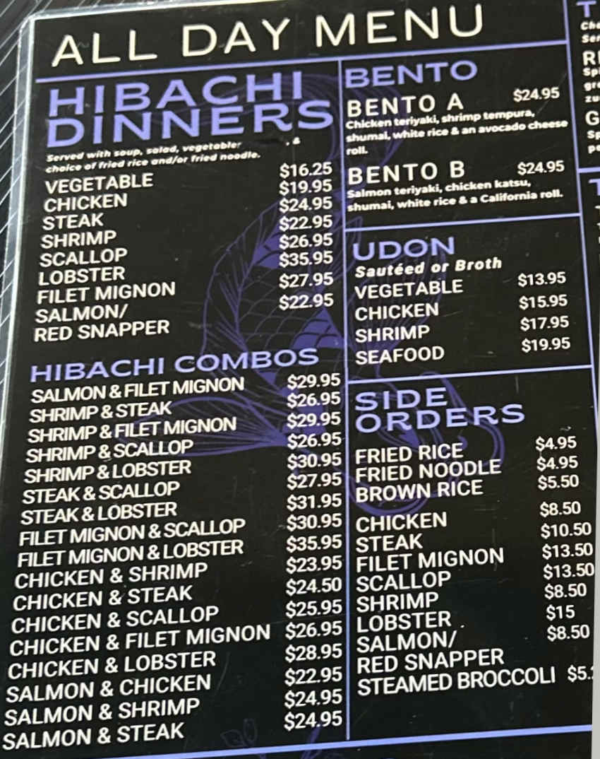 Tsuki Hibachi Steakhouse menu page 1