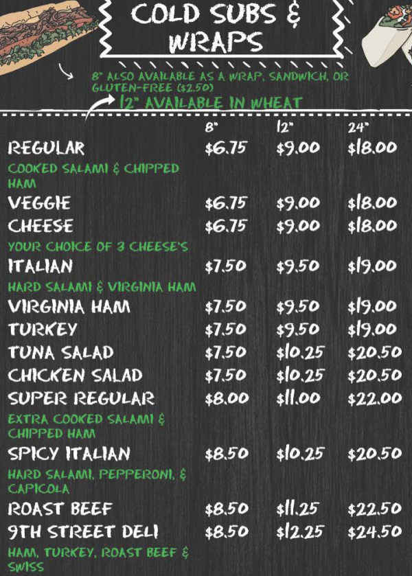 9th Street Deli menu page 1