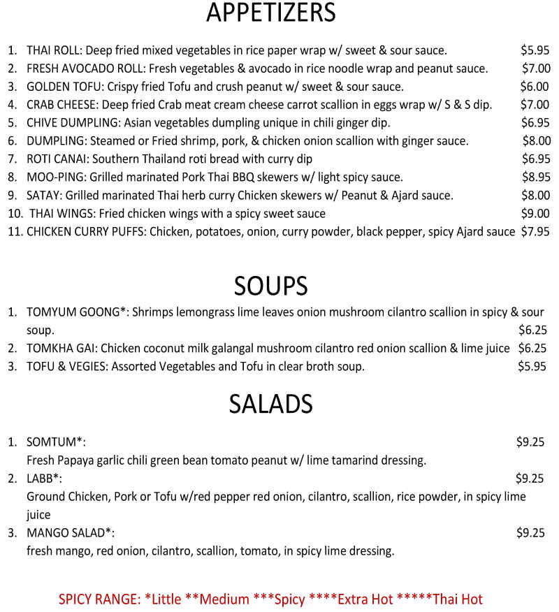 Siam Thai Kitchen menu page 1