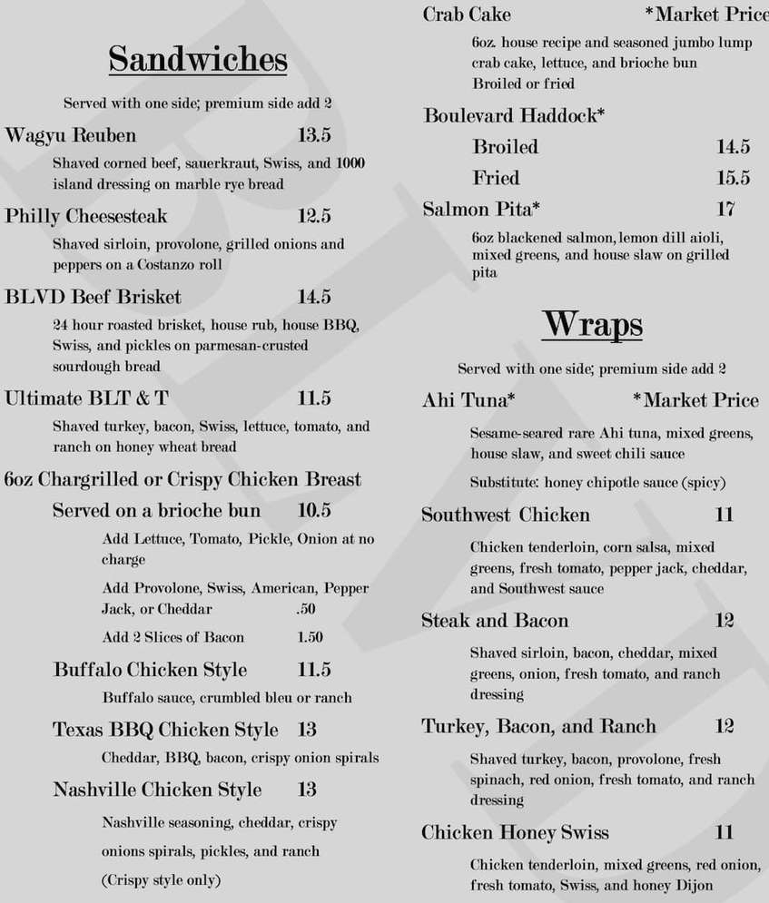 The Boulevard Grill menu page 1