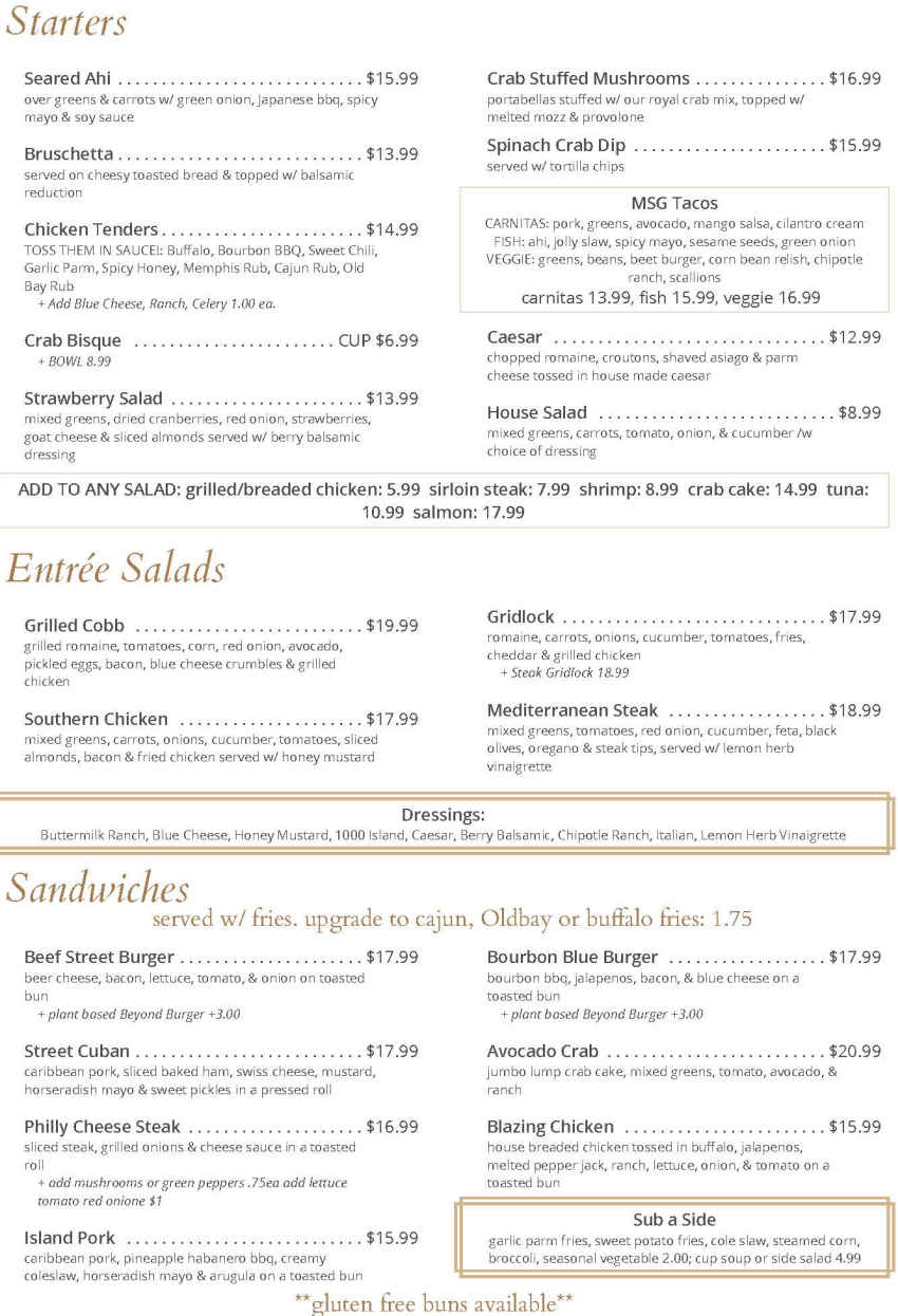 Main Street Grill menu page 1