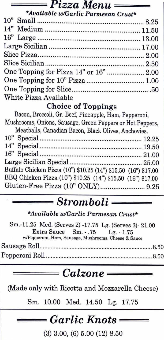Original Italian Pizza menu page 1