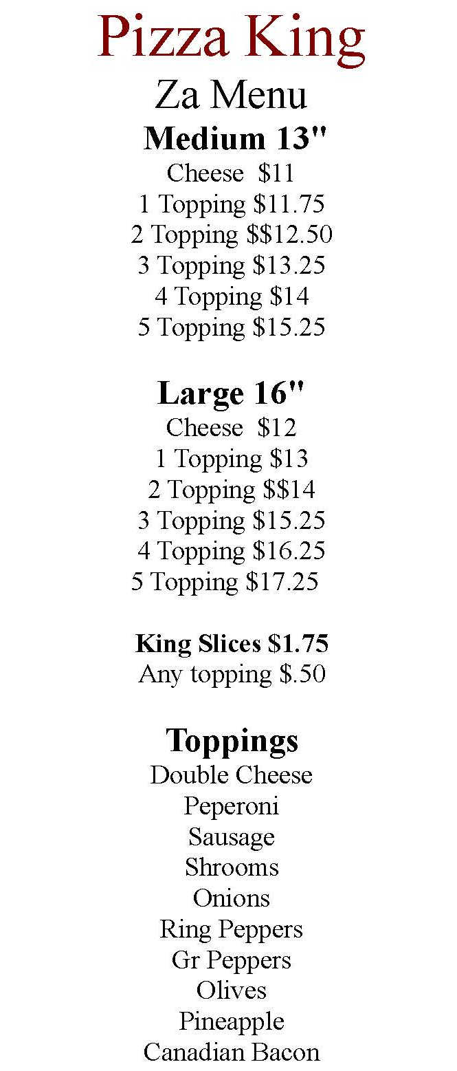 Pizza King menu page 1