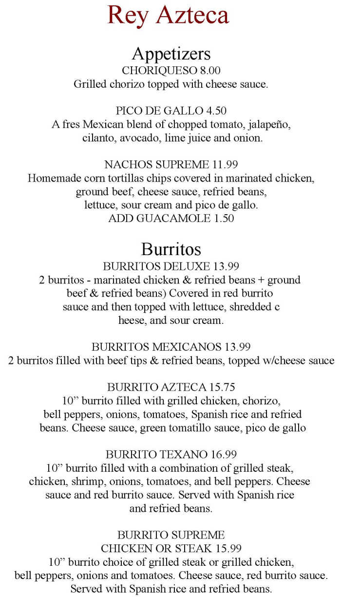 Rey Azteca menu page 1