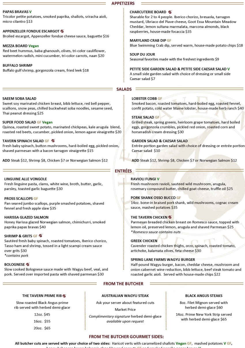 The Tavern menu page 1
