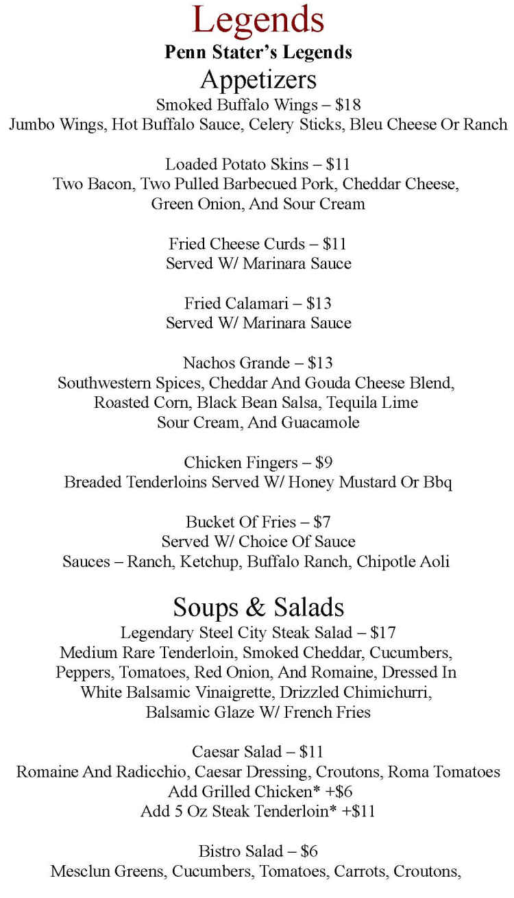 Legends Pub menu page 1