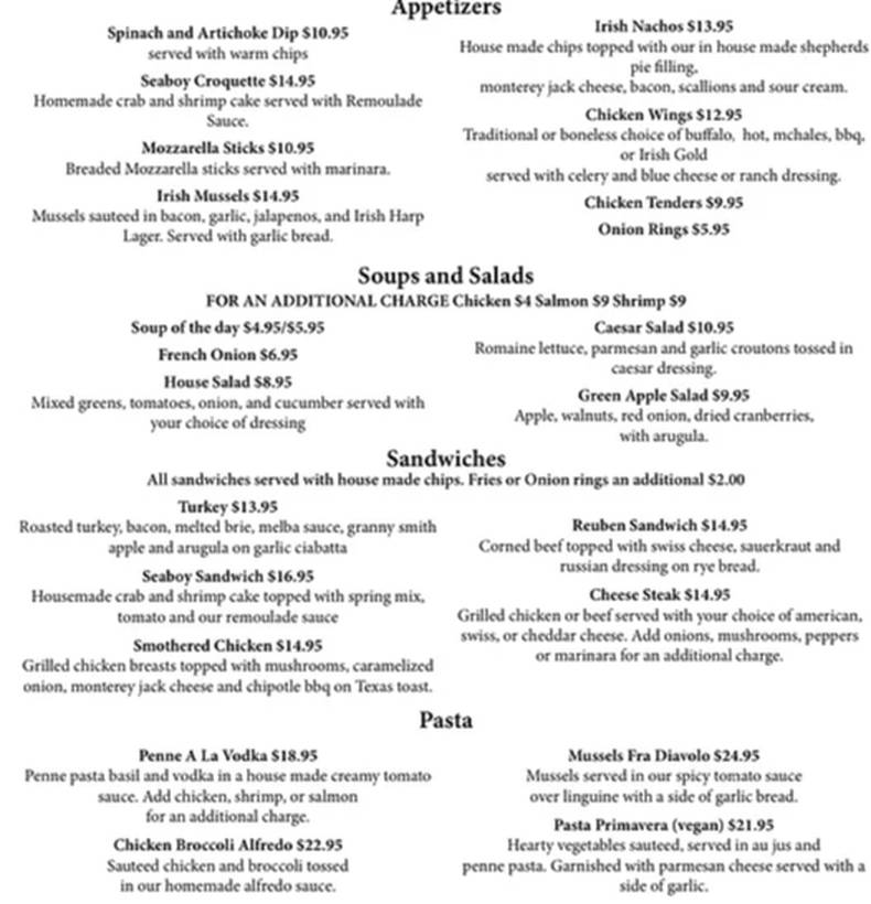 Finola's Irish Pub menu page 1