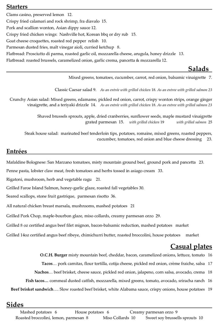 Old Corner Hotel menu page 1