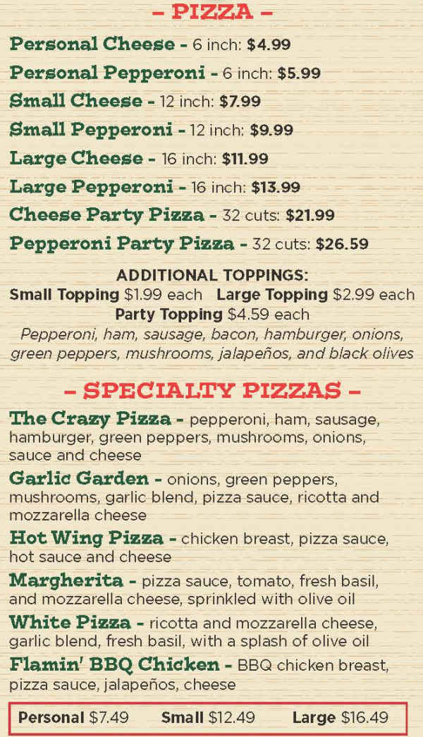 The Crazy Tomato menu page 1