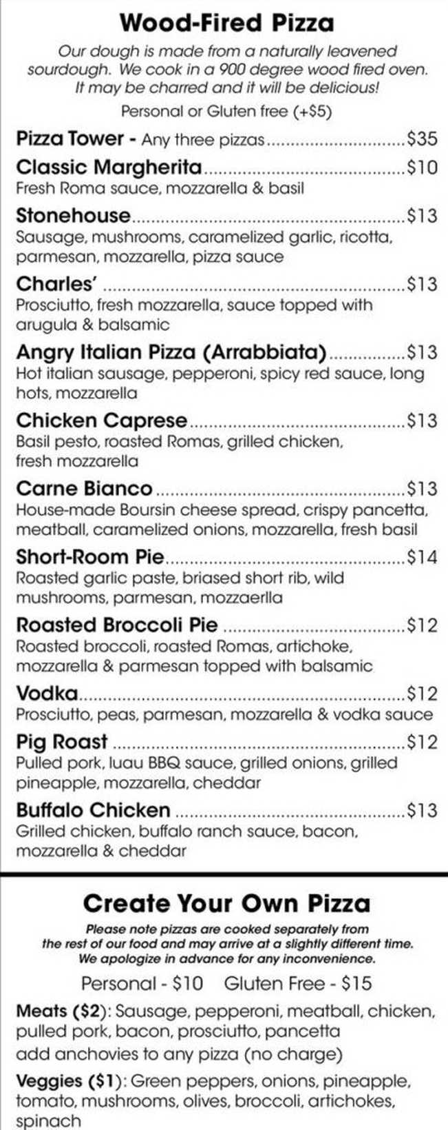 The Stonehouse menu page 1