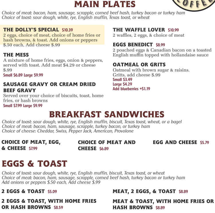 Dollys Montoursville menu page 1