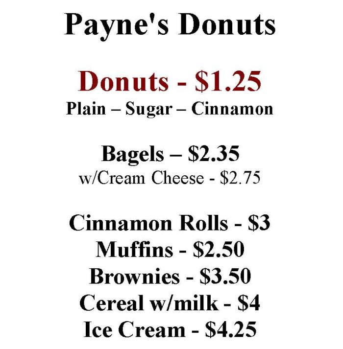 Payne's Donuts menu page 1