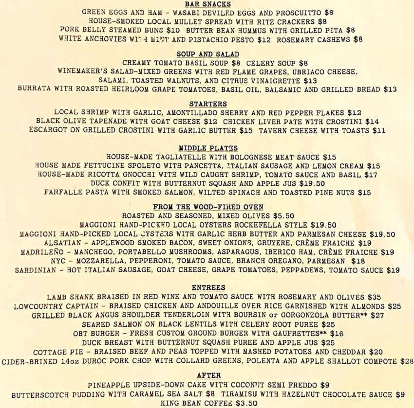 Old Bull Tavern menu page 1