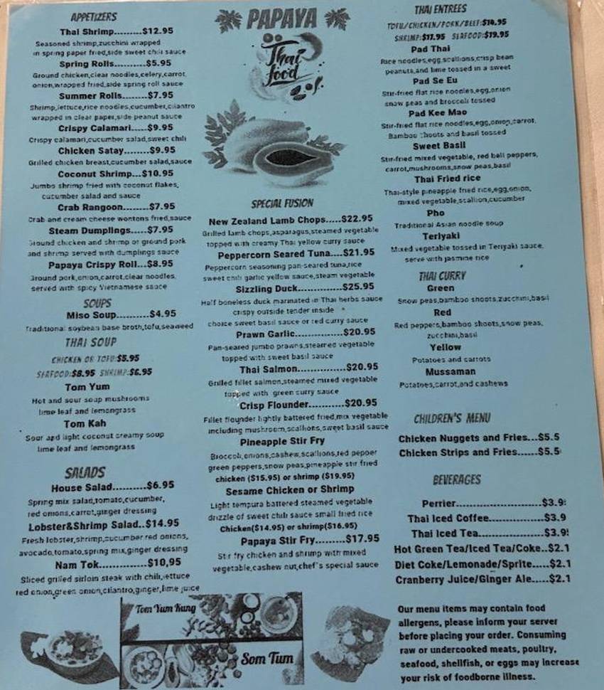 Papaya Thai & Sushi Bar menu page 1