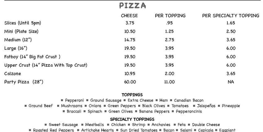 The Upper Crust menu page 1