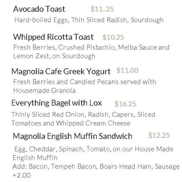 Magnolia Cafe menu page 1