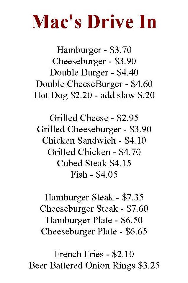 Mac's Drive In menu page 1