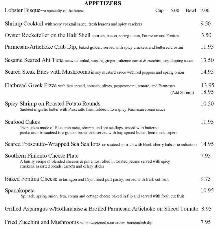 Pixie & Bill's menu page 1