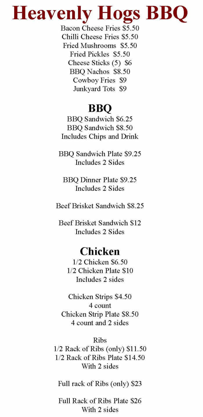 Heavenly Hogs BBQ menu page 1